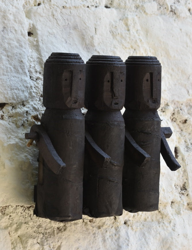 Ekaurr Tribal-Inspired Wooden Dolls Wall Hanging – set of 3 handcrafted reclaimed wood figures in earthy charcoal finish