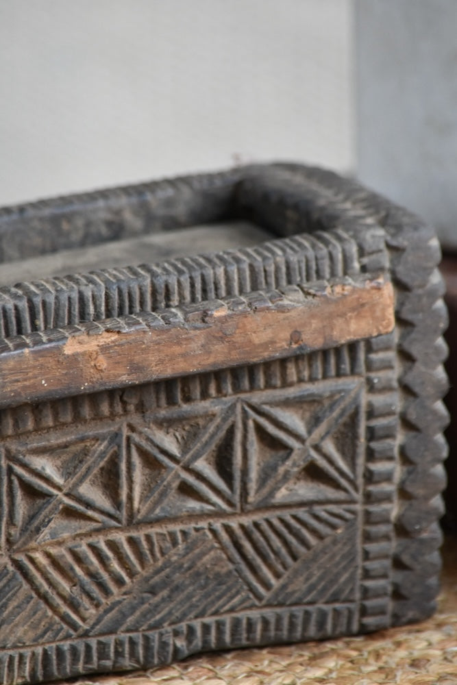 Ekaurr The Tribal Keepsake Storage Box shown open revealing the interior compartment, handcrafted reclaimed wood box with tribal artisan detailing