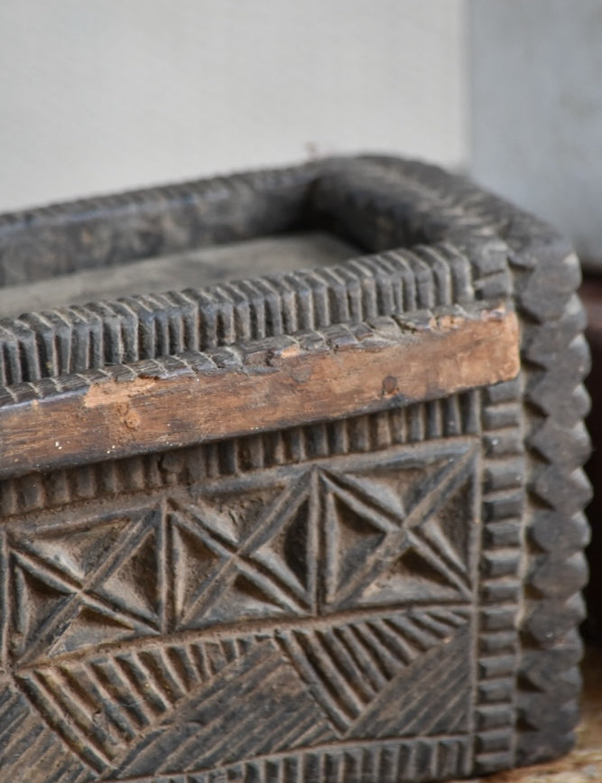 Ekaurr The Tribal Keepsake Storage Box shown open revealing the interior compartment, handcrafted reclaimed wood box with tribal artisan detailing