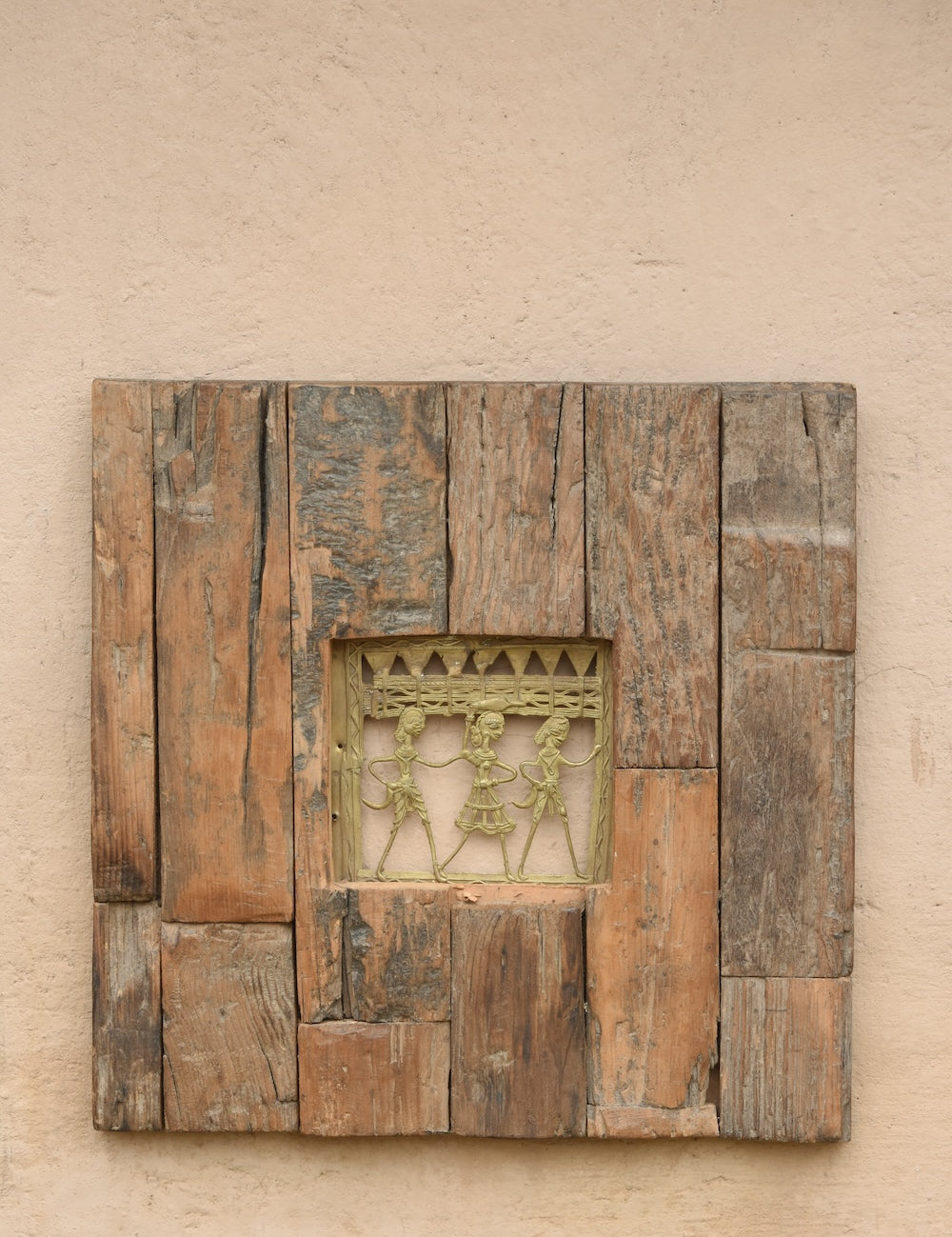Ekaurr Tribal Wall Decor with Rustic Wood Frame handcrafted tribal-inspired artwork or textile mounted in an aged reclaimed wood frame, artisan folk art wall accent for living rooms and heritage-inspired home interiors