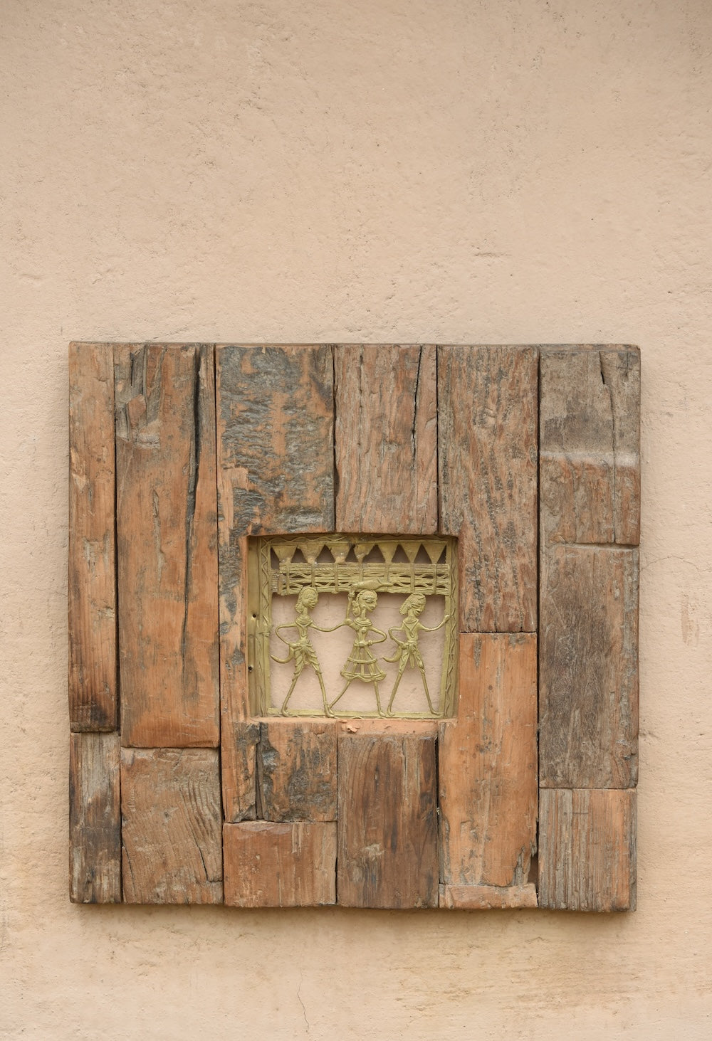 Ekaurr Tribal Wall Decor with Rustic Wood Frame handcrafted tribal-inspired artwork or textile mounted in an aged reclaimed wood frame, artisan folk art wall accent for living rooms and heritage-inspired home interiors