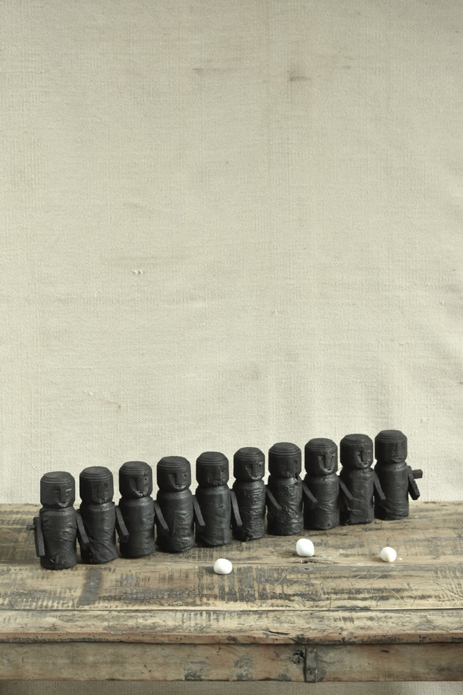 Ekaurr Set of 10 Baby Tribal Wooden Dolls – petite reclaimed wood figures in a row, artisanal handcrafted wall art