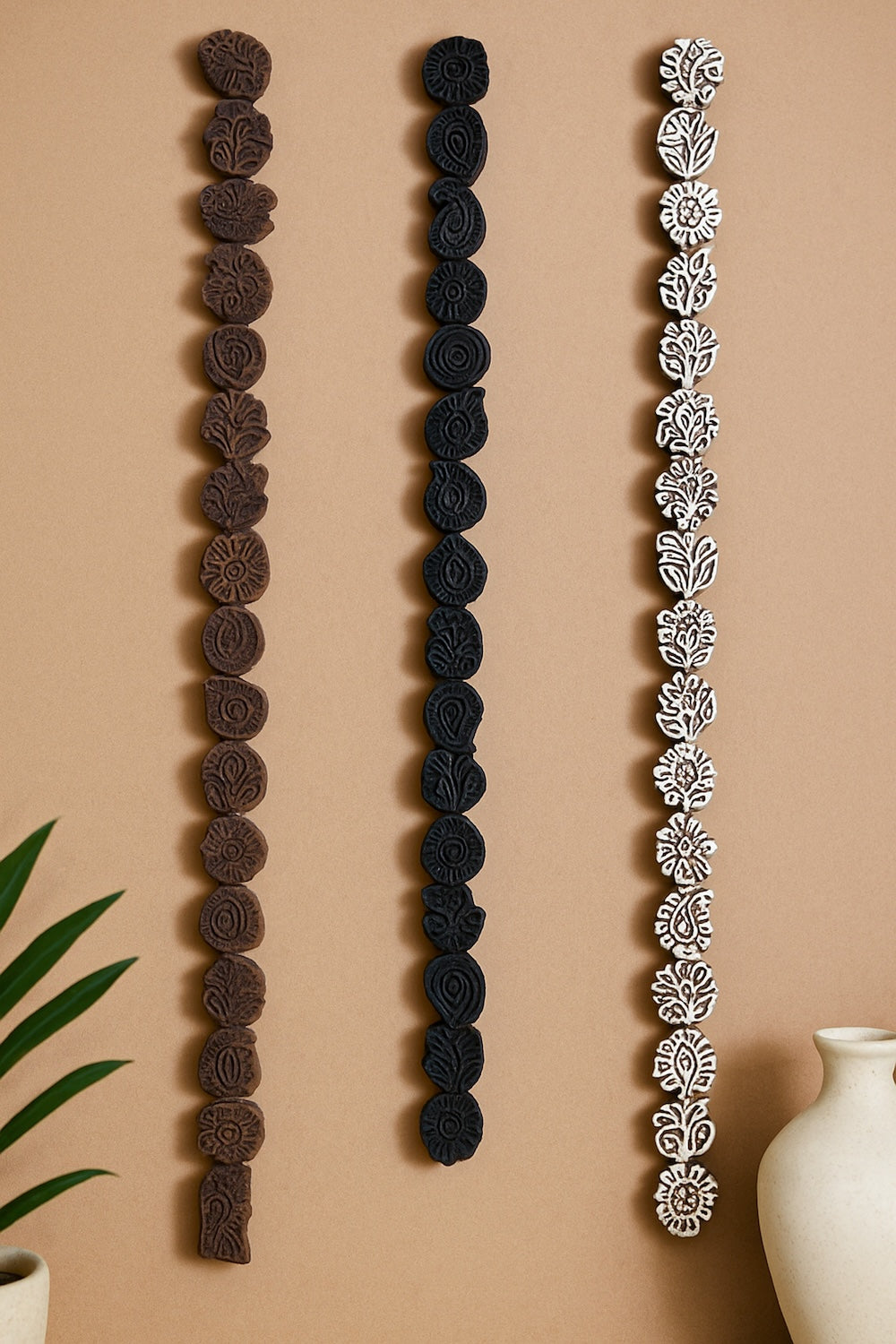 Ekaurr Triple Print Block Line Wall Art Set of 3 – natural, black, and whitewashed hand-carved wooden printing blocks in a linear arrangement