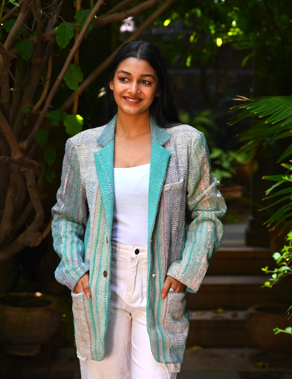 Ekaurr BIGDI Turquoise Charm Blazer cotton quilted blazer in vibrant turquoise with a charming structured form, artisan slow fashion statement outerwear for women from the BIGDI Blazers Coats and Robes collection