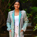 Ekaurr BIGDI Turquoise Charm Blazer cotton quilted blazer in vibrant turquoise with a charming structured form, artisan slow fashion statement outerwear for women from the BIGDI Blazers Coats and Robes collection