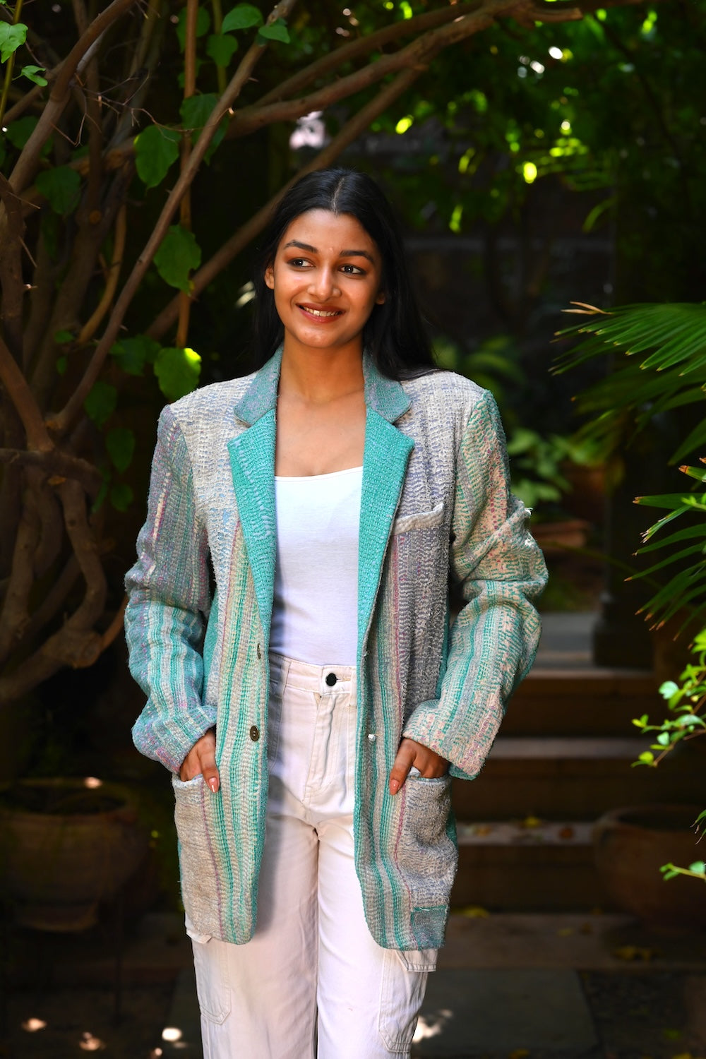 Ekaurr BIGDI Turquoise Charm Blazer cotton quilted blazer in vibrant turquoise with a charming structured form, artisan slow fashion statement outerwear for women from the BIGDI Blazers Coats and Robes collection