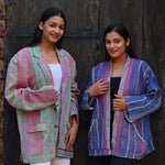 Ekaurr BIGDI Twilight Hues Kimono cotton open kimono in a warm twilight palette of amber violet and dusky tones with an easy relaxed drape, artisan slow fashion layering piece for women from the BIGDI Blazers Coats and Robes collection