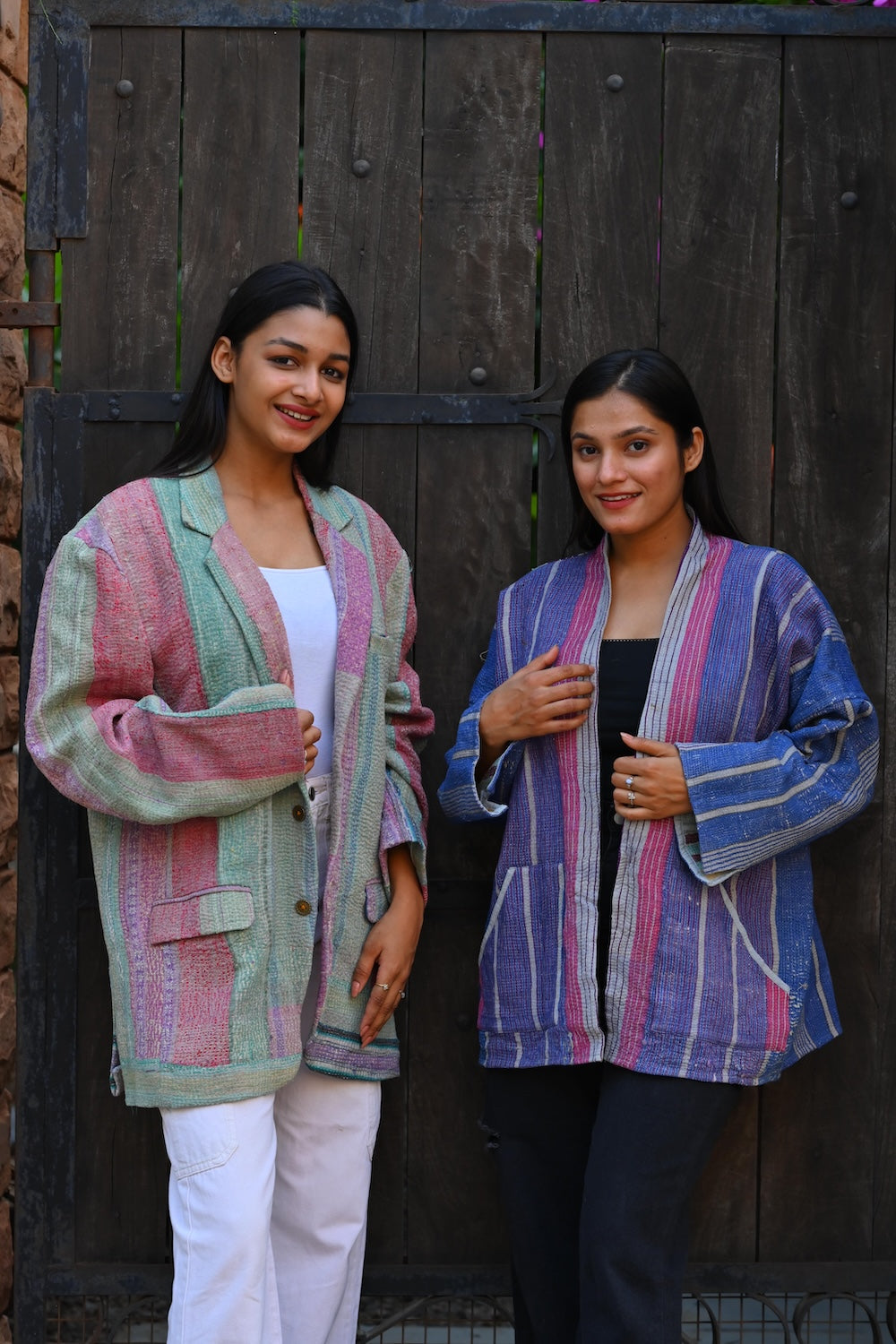 Ekaurr BIGDI Twilight Hues Kimono cotton open kimono in a warm twilight palette of amber violet and dusky tones with an easy relaxed drape, artisan slow fashion layering piece for women from the BIGDI Blazers Coats and Robes collection