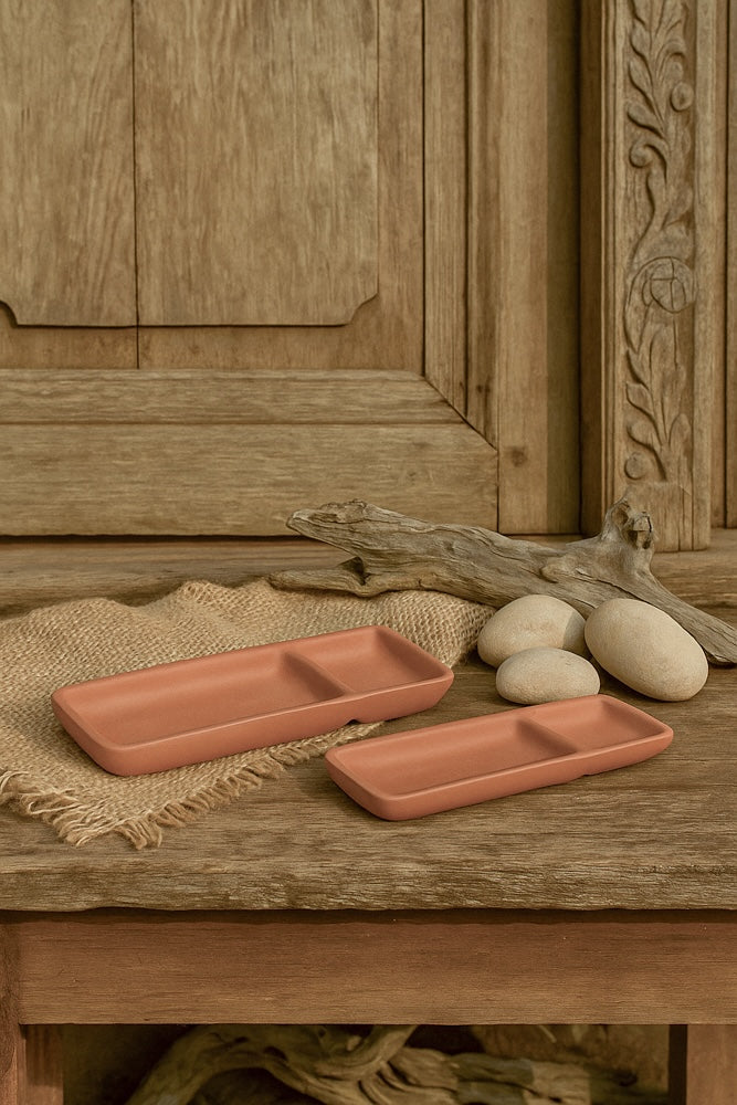 Ekaurr Twin Compartment Terracotta Snack Trays set of 2 handmade natural clay divided snack trays with two compartments each crafted by rural Indian artisans, earthy artisan kitchen essentials for serving snacks and dips