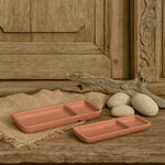 Ekaurr Twin Compartment Terracotta Snack Trays set of 2 handmade natural clay divided snack trays with two compartments each crafted by rural Indian artisans, earthy artisan kitchen essentials for serving snacks and dips