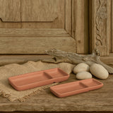 Ekaurr Twin Compartment Terracotta Snack Trays set of 2 handmade natural clay divided snack trays with two compartments each crafted by rural Indian artisans, earthy artisan kitchen essentials for serving snacks and dips