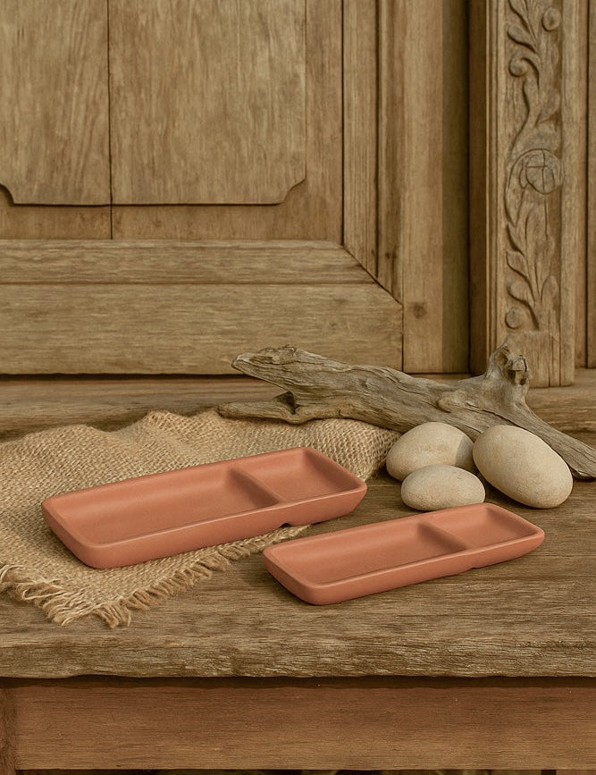 Ekaurr Twin Compartment Terracotta Snack Trays set of 2 handmade natural clay divided snack trays with two compartments each crafted by rural Indian artisans, earthy artisan kitchen essentials for serving snacks and dips
