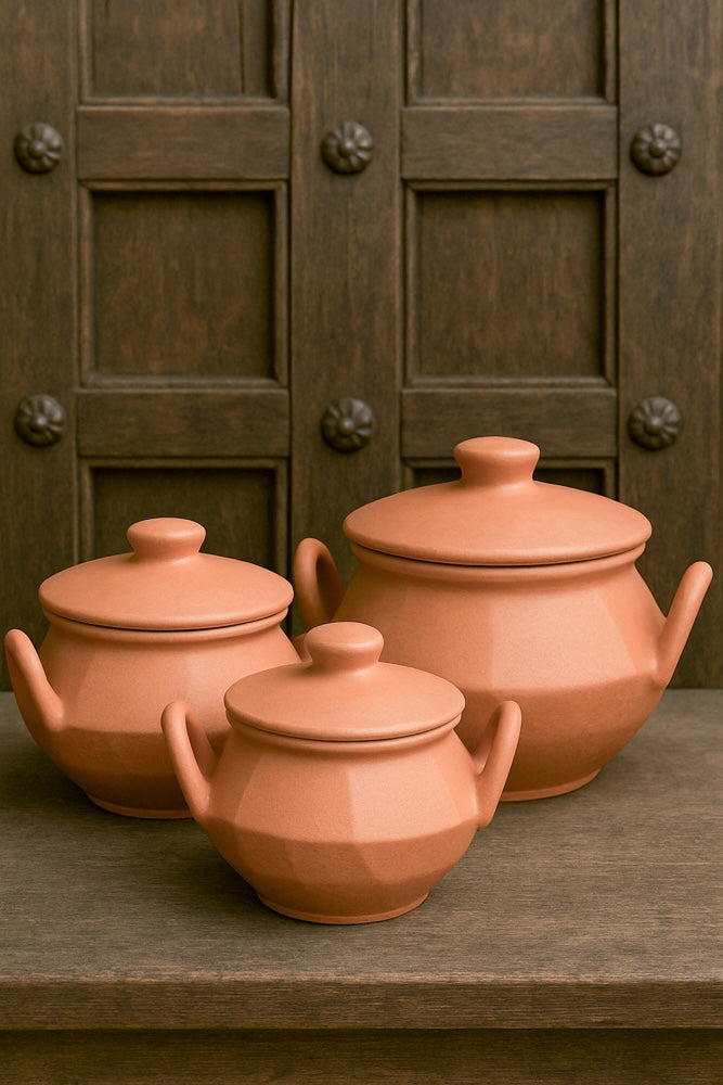 Ekaurr Twin Handle Terracotta Serving Dish set of 3 handmade natural clay serving dishes with two side handles crafted by rural Indian artisans, earthy artisan kitchen essentials for curries gravies and traditional conscious dining