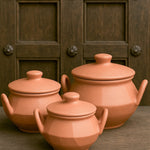 Ekaurr Twin Handle Terracotta Serving Dish set of 3 handmade natural clay serving dishes with two side handles crafted by rural Indian artisans, earthy artisan kitchen essentials for curries gravies and traditional conscious dining