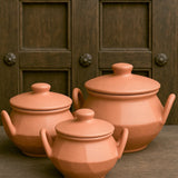 Ekaurr Twin Handle Terracotta Serving Dish set of 3 handmade natural clay serving dishes with two side handles crafted by rural Indian artisans, earthy artisan kitchen essentials for curries gravies and traditional conscious dining