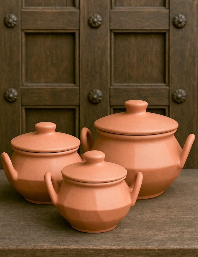 Ekaurr Twin Handle Terracotta Serving Dish set of 3 handmade natural clay serving dishes with two side handles crafted by rural Indian artisans, earthy artisan kitchen essentials for curries gravies and traditional conscious dining