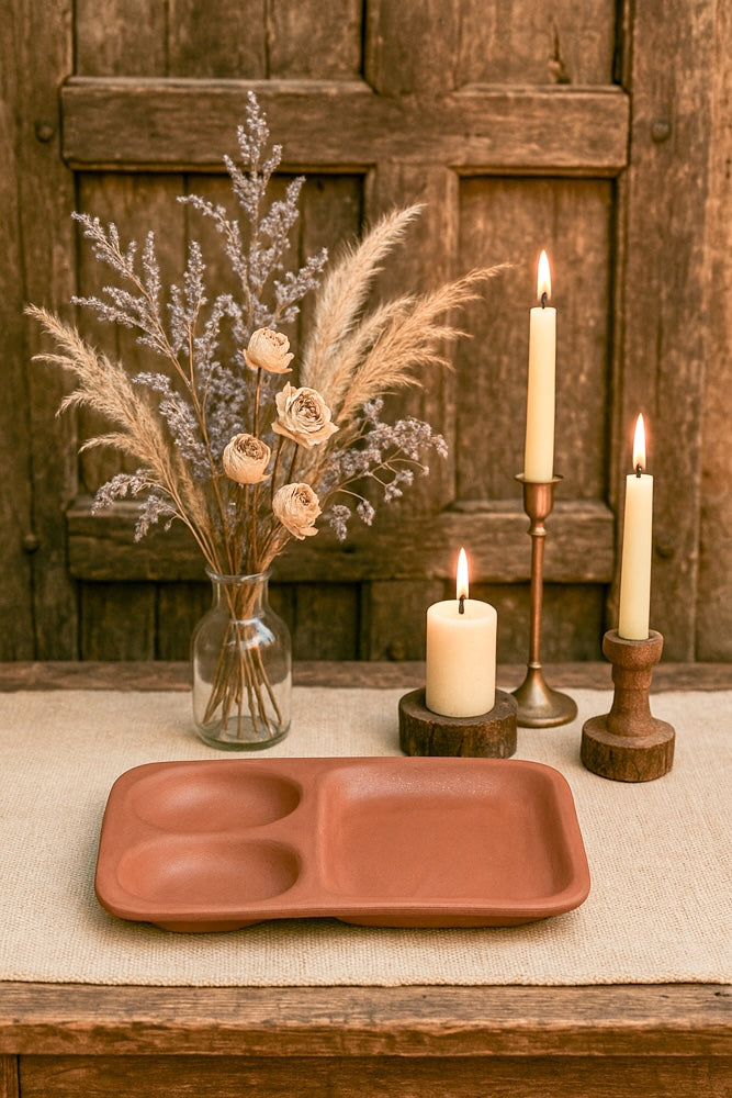Ekaurr Twin Pocket Terracotta Snack Plate handmade natural clay divided snack plate with two compartments crafted by rural Indian artisans, earthy artisan kitchen essential for serving snacks dips and mindful dining