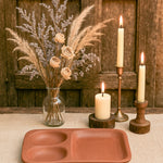 Ekaurr Twin Pocket Terracotta Snack Plate handmade natural clay divided snack plate with two compartments crafted by rural Indian artisans, earthy artisan kitchen essential for serving snacks dips and mindful dining