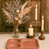 Ekaurr Twin Pocket Terracotta Snack Plate handmade natural clay divided snack plate with two compartments crafted by rural Indian artisans, earthy artisan kitchen essential for serving snacks dips and mindful dining