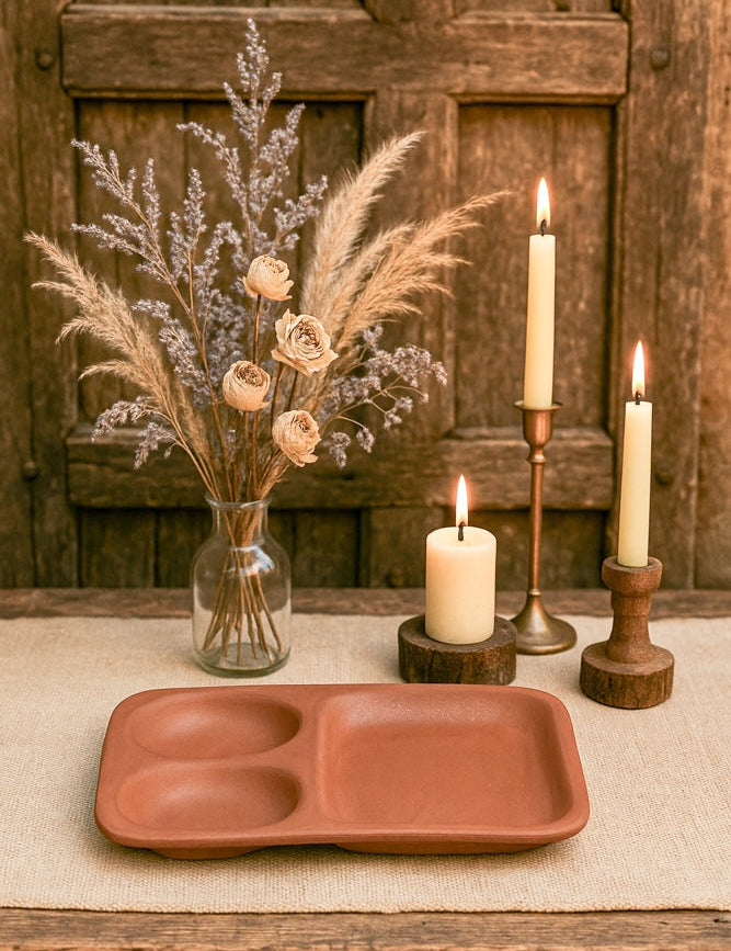 Ekaurr Twin Pocket Terracotta Snack Plate handmade natural clay divided snack plate with two compartments crafted by rural Indian artisans, earthy artisan kitchen essential for serving snacks dips and mindful dining
