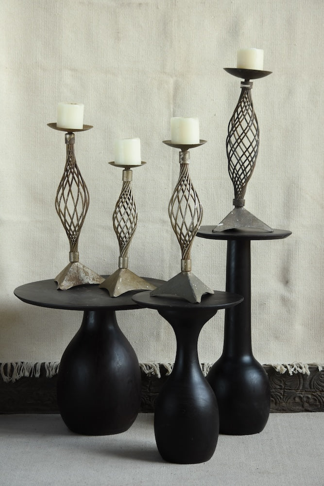 Ekaurr Twist Form Iron Candle Holder set of 2 with sculptural twisted metalwork stem and open lattice design, handcrafted pillar candle holders for home décor