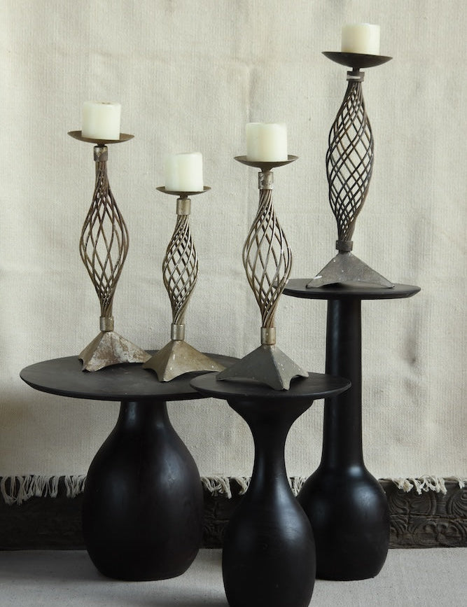 Ekaurr Twist Form Iron Candle Holder set of 2 with sculptural twisted metalwork stem and open lattice design, handcrafted pillar candle holders for home décor