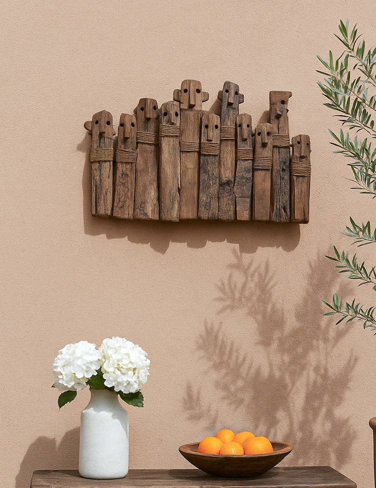 Ekaurr United Friends Reclaimed Wood Wall Decor featuring abstract human figures made from weathered wooden sticks bound with jute, rustic wall art symbolising unity and community