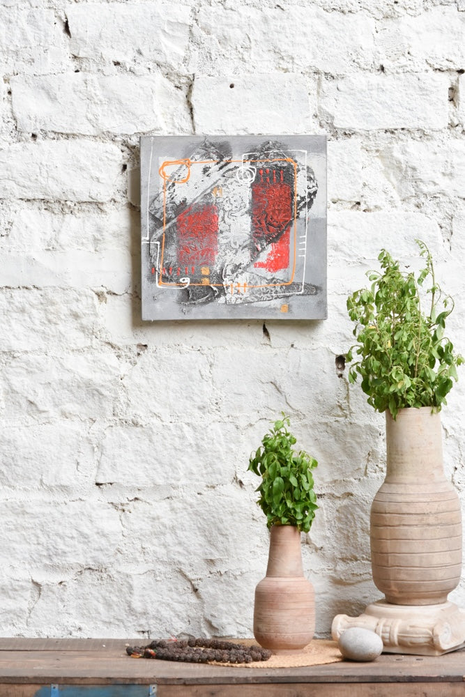 Ekaurr Urban Rhythms abstract painting with bold geometric and gestural forms in dynamic urban tones of charcoal ochre and rust, handcrafted canvas art for contemporary living rooms offices and modern home interiors