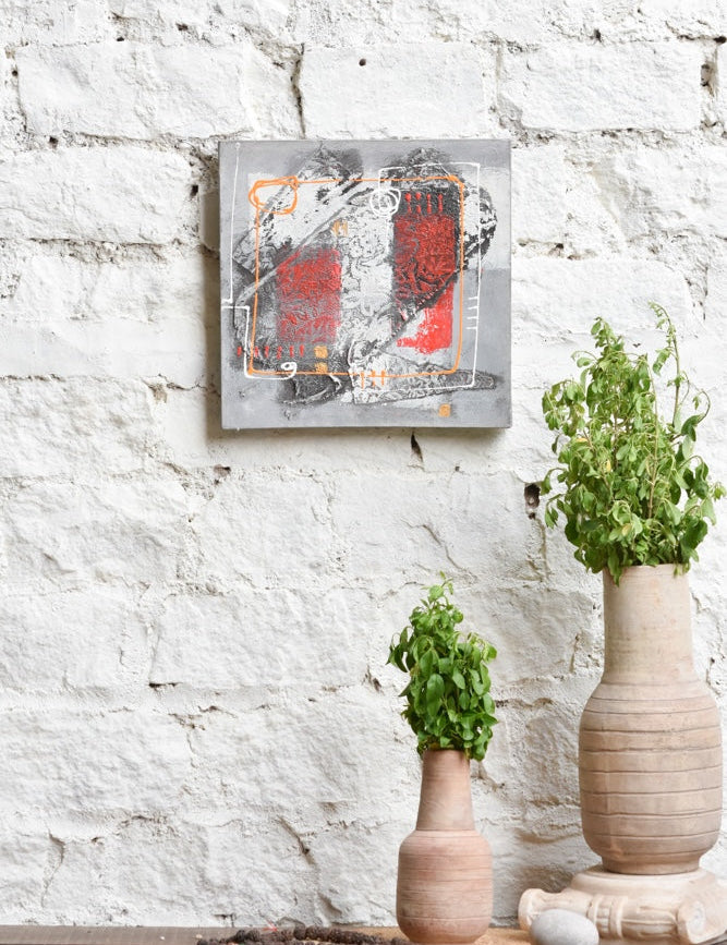 Ekaurr Urban Rhythms abstract painting with bold geometric and gestural forms in dynamic urban tones of charcoal ochre and rust, handcrafted canvas art for contemporary living rooms offices and modern home interiors