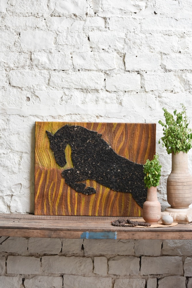 Ekaurr Veer wall art with a bold courageous figurative or abstract composition in strong earthy and warrior-inspired tones, handcrafted expressive home decor for living rooms offices and statement wall styling