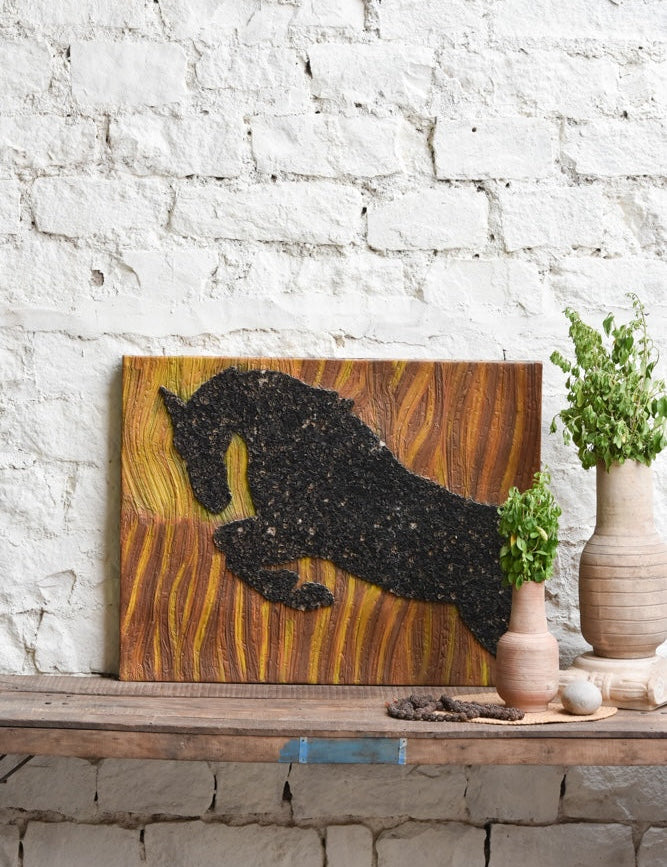 Ekaurr Veer wall art with a bold courageous figurative or abstract composition in strong earthy and warrior-inspired tones, handcrafted expressive home decor for living rooms offices and statement wall styling