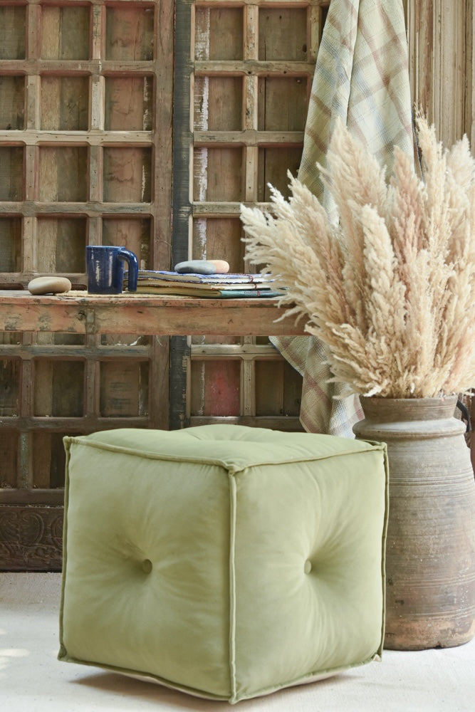 Ekaurr Velvet Pouffe in green with deep button tufting on all sides, plush hand-tufted cube footrest or accent seat