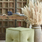 Ekaurr Velvet Pouffe in green with deep button tufting on all sides, plush hand-tufted cube footrest or accent seat