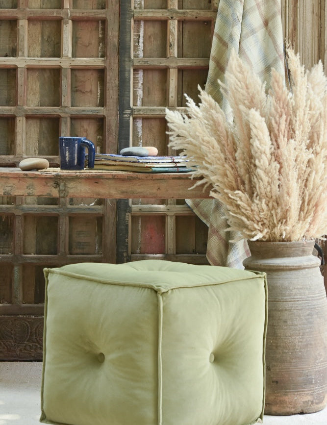 Ekaurr Velvet Pouffe in green with deep button tufting on all sides, plush hand-tufted cube footrest or accent seat