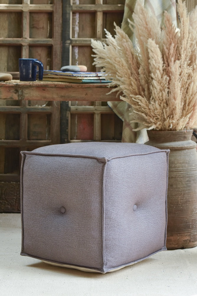 Ekaurr Velvet Pouffe in grey with button-tufted upholstery and structured cube form, stylish home accent piece