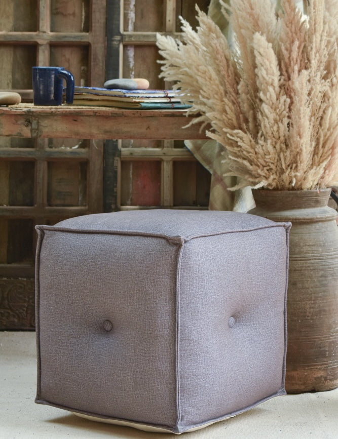 Ekaurr Velvet Pouffe in grey with button-tufted upholstery and structured cube form, stylish home accent piece