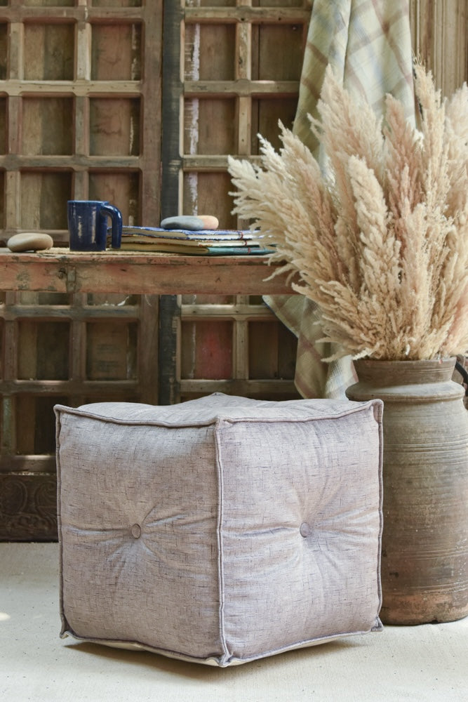 Ekaurr Velvet Pouffe in light grey with tufted all-over detailing and refined piped finish, modern rustic home seating