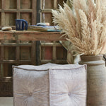 Ekaurr Velvet Pouffe in light grey with tufted all-over detailing and refined piped finish, modern rustic home seating