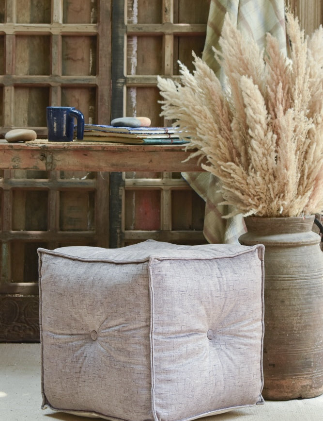 Ekaurr Velvet Pouffe in light grey with tufted all-over detailing and refined piped finish, modern rustic home seating