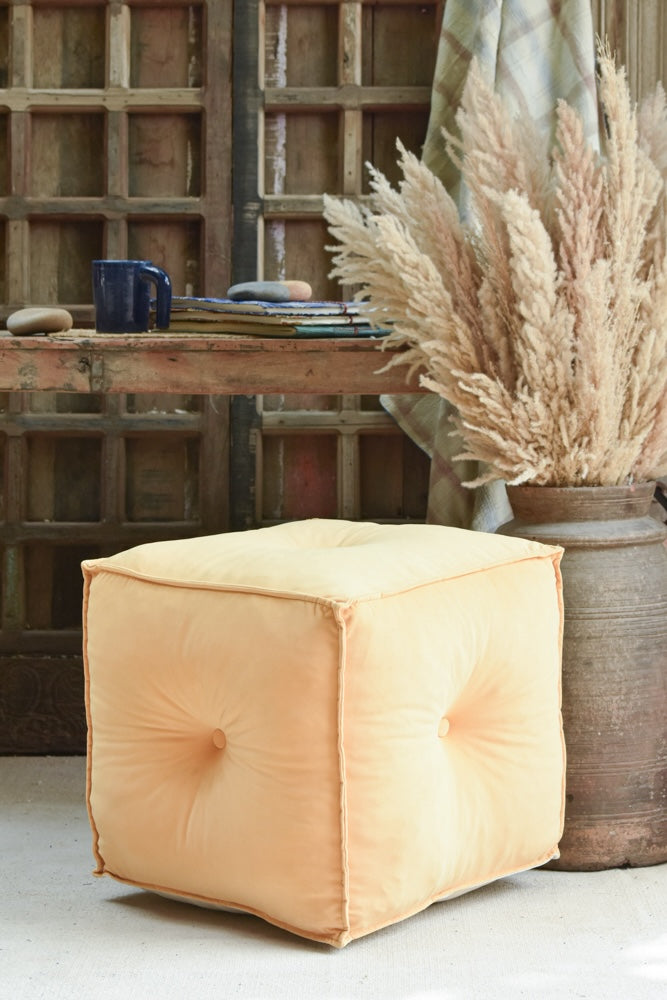 Ekaurr Velvet Pouffe in light yellow, hand-tufted plush fabric cube as footrest or decorative accent