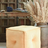 Ekaurr Velvet Pouffe in light yellow, hand-tufted plush fabric cube as footrest or decorative accent