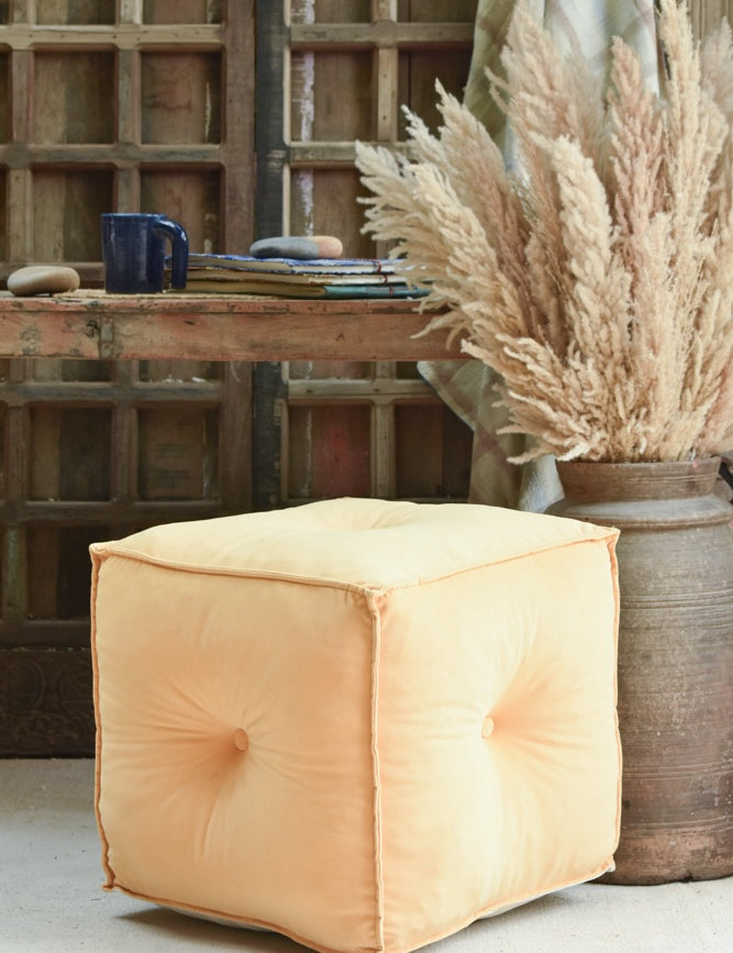 Ekaurr Velvet Pouffe in light yellow, hand-tufted plush fabric cube as footrest or decorative accent