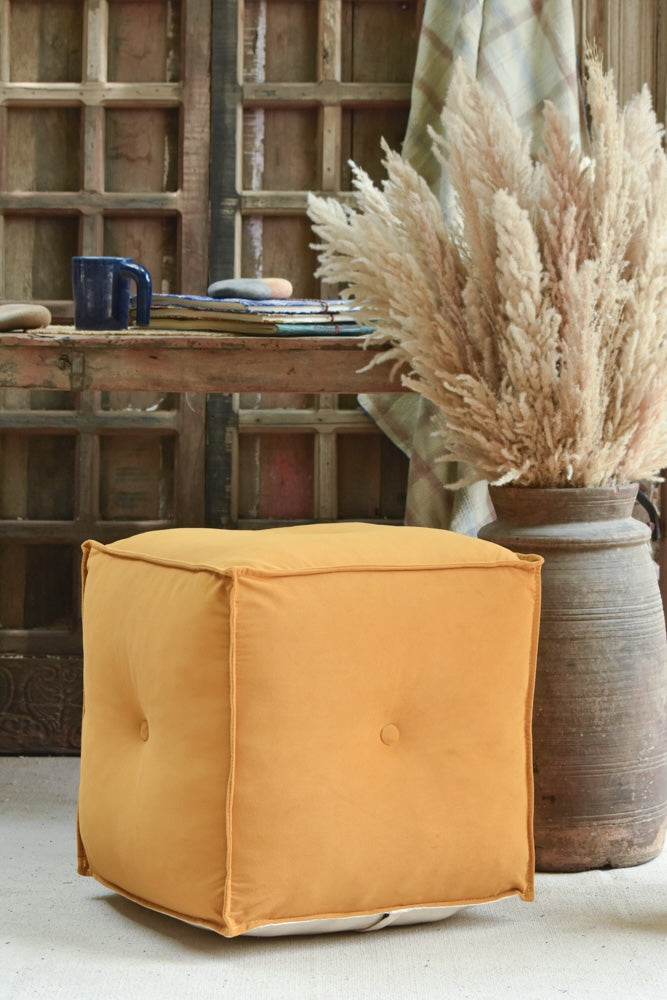 Ekaurr Velvet Pouffe in yellow with deep button tufting, lightweight handcrafted cube pouffe for living room décor