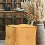 Ekaurr Velvet Pouffe in yellow with deep button tufting, lightweight handcrafted cube pouffe for living room décor