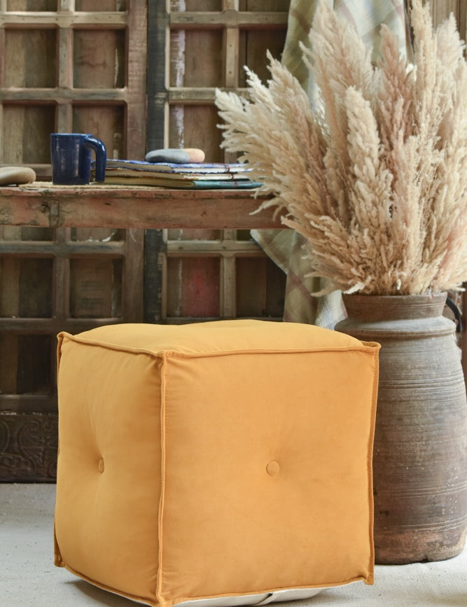 Ekaurr Velvet Pouffe in yellow with deep button tufting, lightweight handcrafted cube pouffe for living room décor