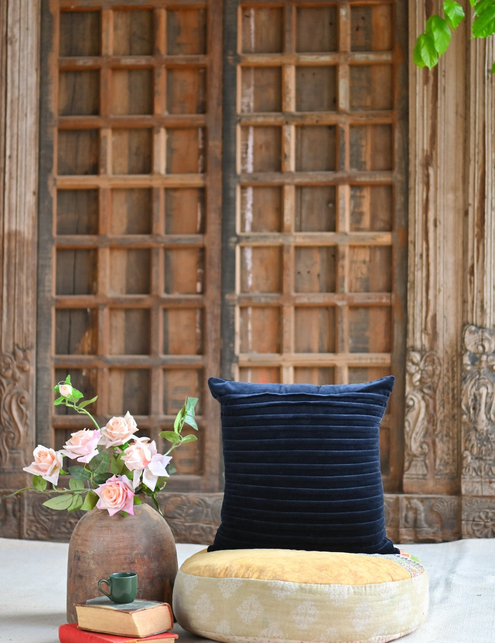 Ekaurr Velvet Tux Cushion Cover 18x18 inch velvet cushion cover with a smart tuxedo-inspired structured panel design, luxurious artisan textile accent for sofas and contemporary home styling