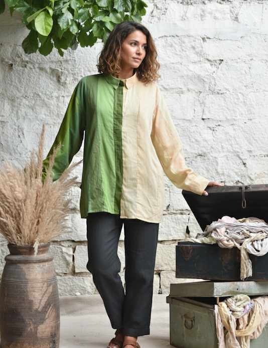 Ekaurr Verdant Divide Shirt handcrafted artisan shirt in botanical green with a divided colour-block or print composition, slow fashion wearable for conscious women's everyday styling