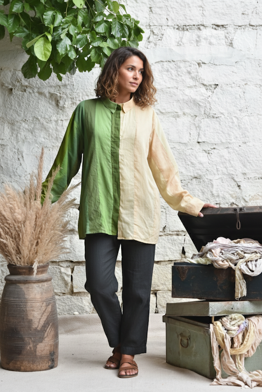 Ekaurr Verdant Divide Shirt handcrafted artisan shirt in botanical green with a divided colour-block or print composition, slow fashion wearable for conscious women's everyday styling