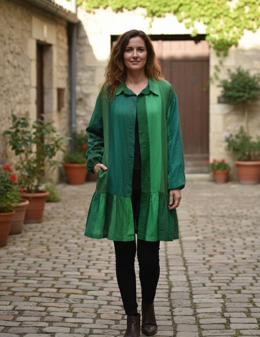 Ekaurr BIGDI Verdant Drift Overlay Shirt finest cotton summer shirt with a layered overlay drape in botanical green verdant tones, artisan slow fashion top for women from the BIGDI summer pastel collection