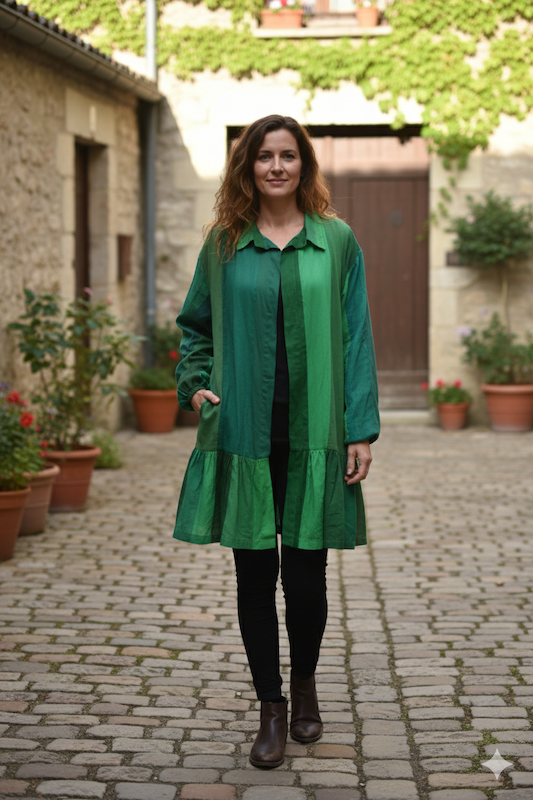Ekaurr BIGDI Verdant Drift Overlay Shirt finest cotton summer shirt with a layered overlay drape in botanical green verdant tones, artisan slow fashion top for women from the BIGDI summer pastel collection